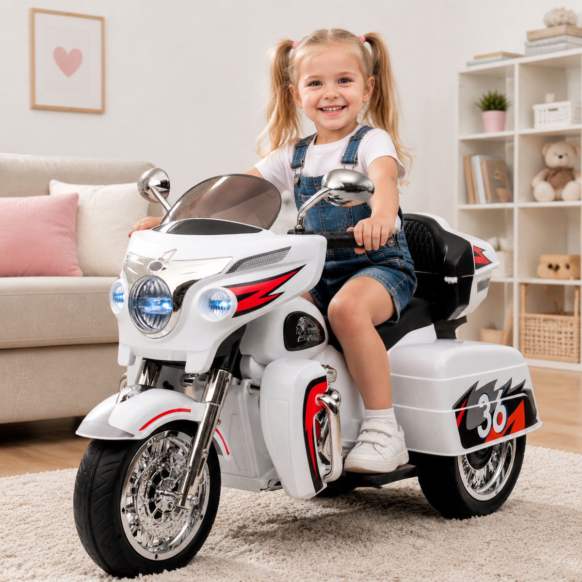 12V Kids Ride-On Motorcycle with LED Lights & Music - White or Black
