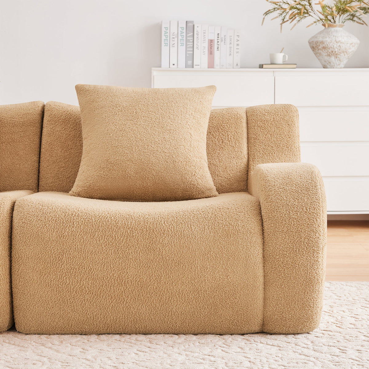 Camel Armless Sofa with Modular Teddy Fabric - Plush Comfort