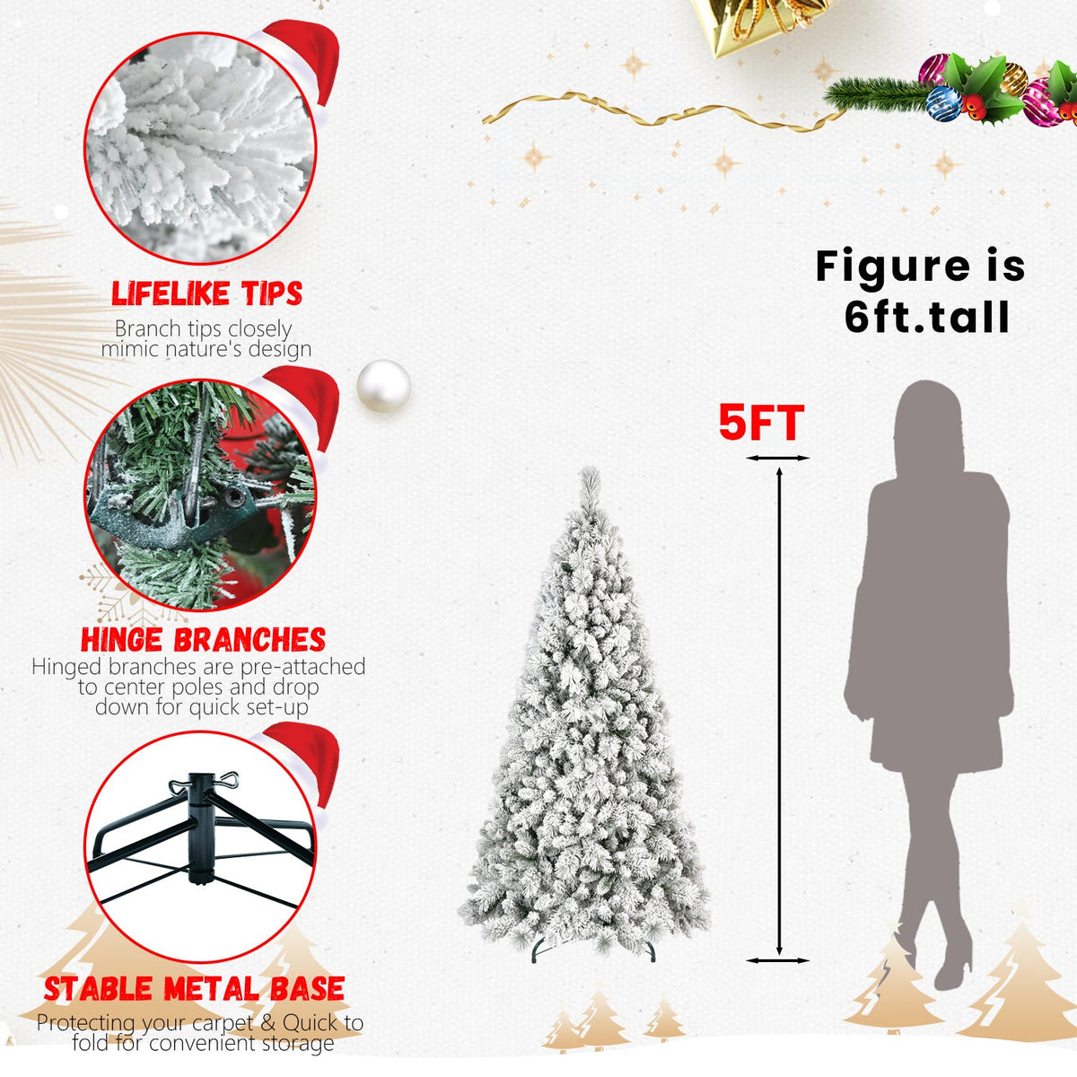 7FT Flocked Christmas Tree with Hinged Design - Snowy White