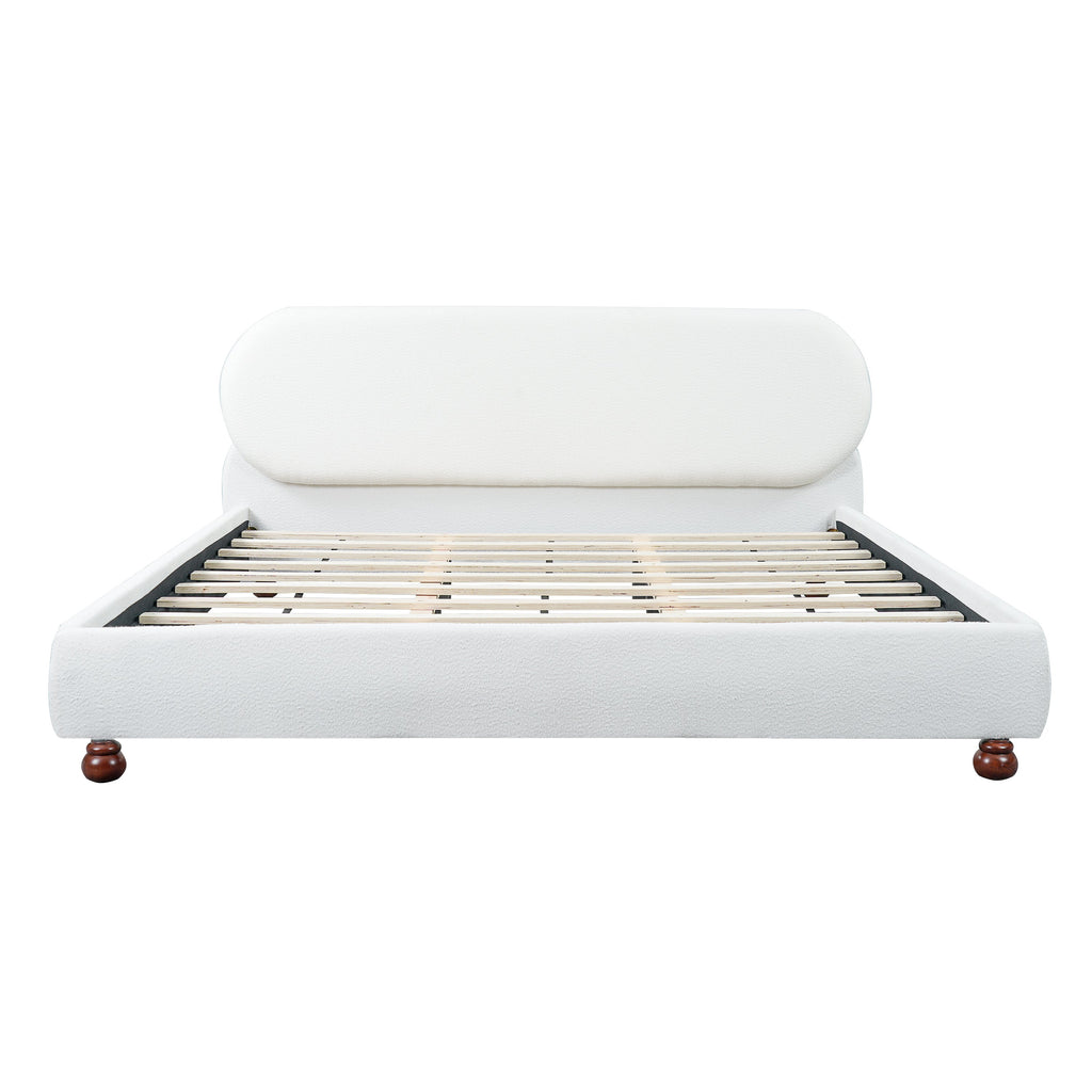 Cream Boucle Upholstered King Bed with Rubberwood Feet