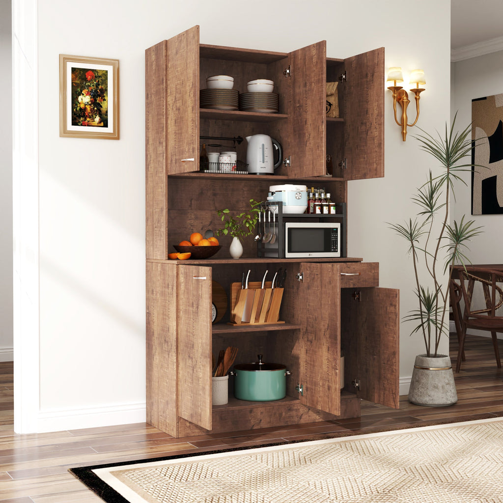 Walnut Tall Wardrobe & Kitchen Cabinet with 6 Doors, Drawer & Open Shelf