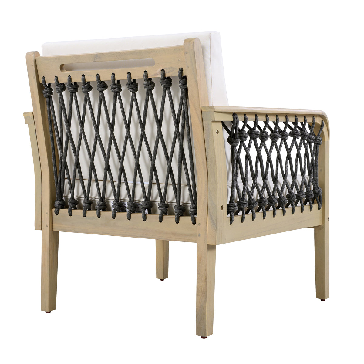 Outdoor Acacia Wood Club Chair with Handwoven Rope Armrests - Cream