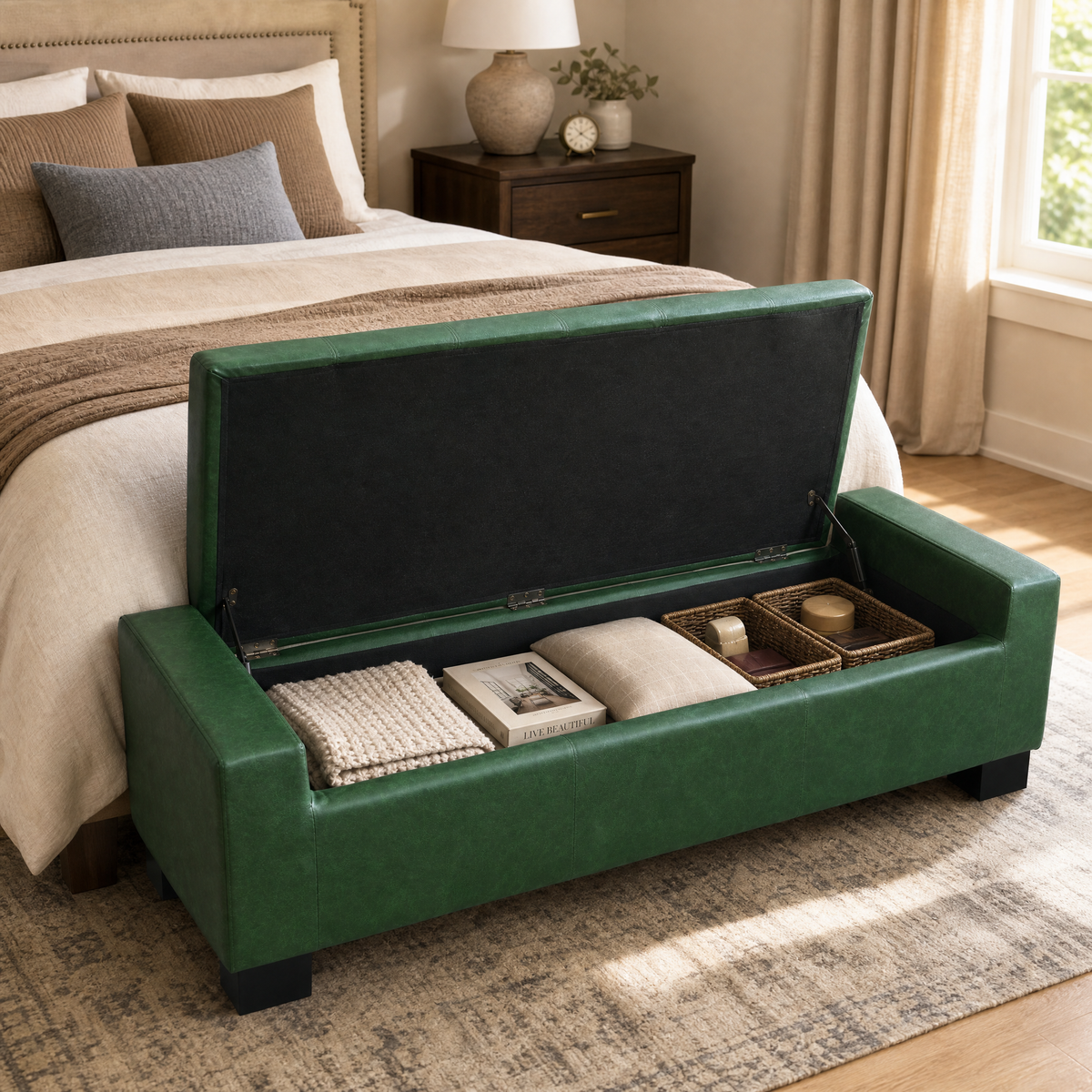 Green Storage Ottoman Bench with Solid Wood Legs - Green