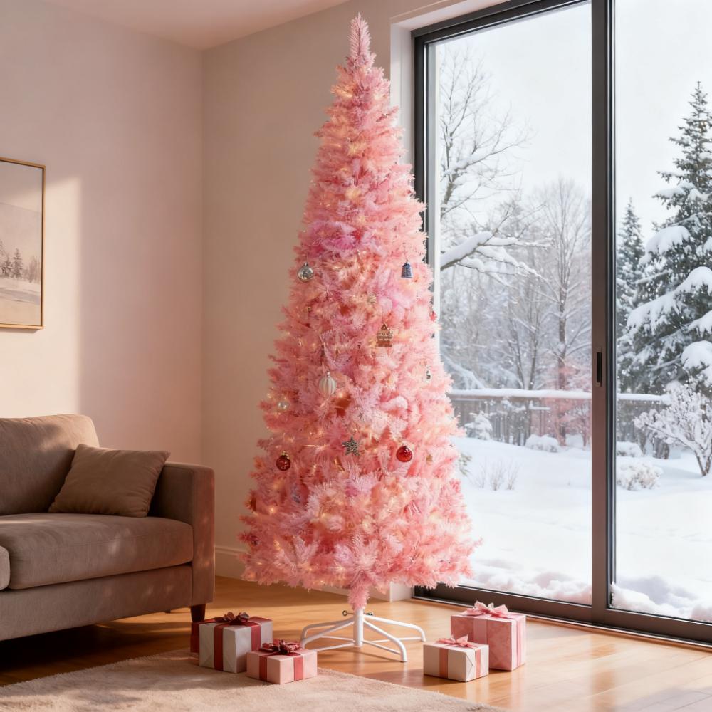 Snow Flocked Pencil Shape Artificial Christmas Tree with Warm LED Lights - White