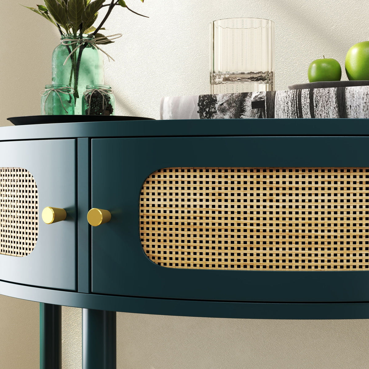Boho Rattan Semi Circle End Table with Sliding Door and Storage - Black or Dark Green