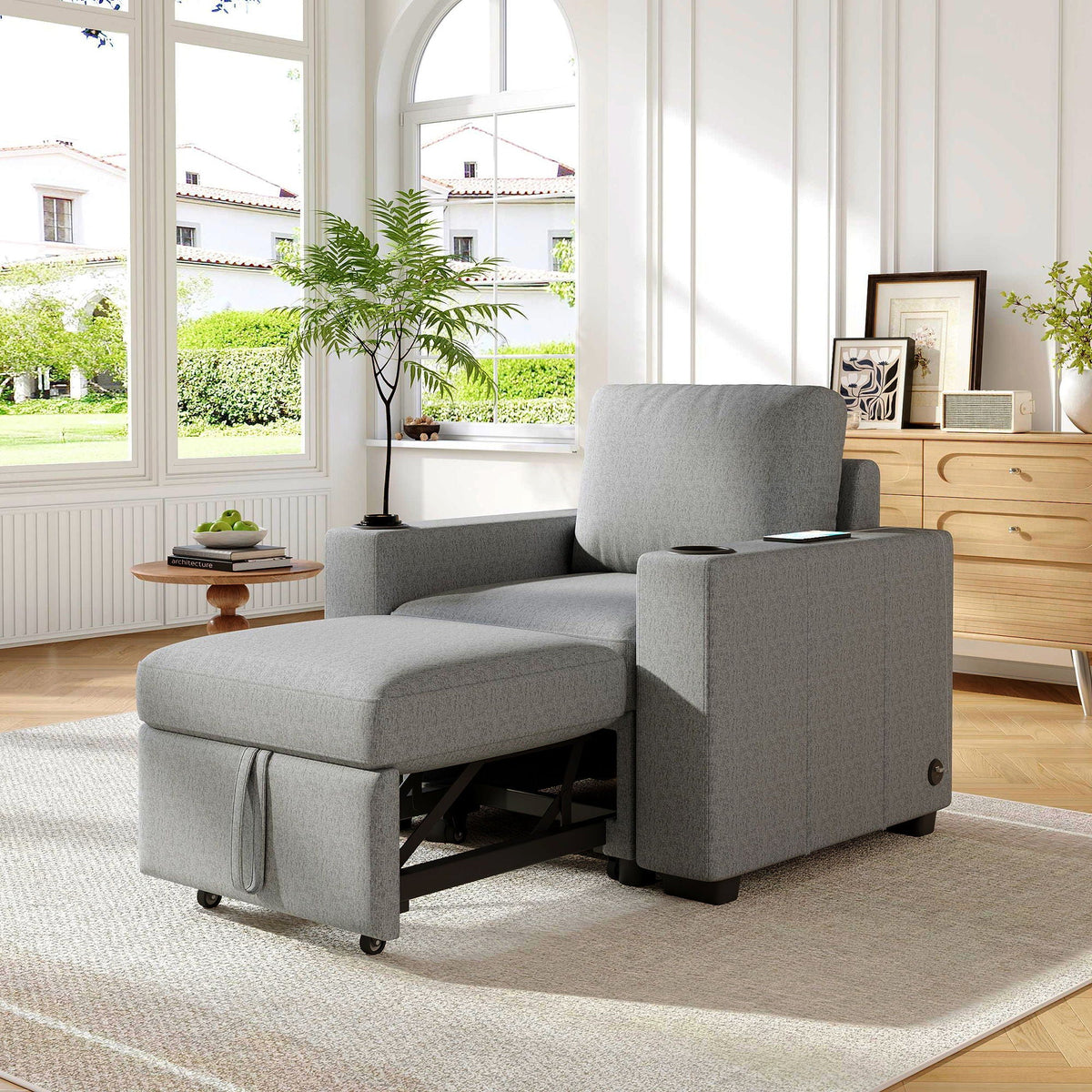 Single Pull Out Sofa Bed with USB Ports and Cup Holders - Dark Gray or Beige