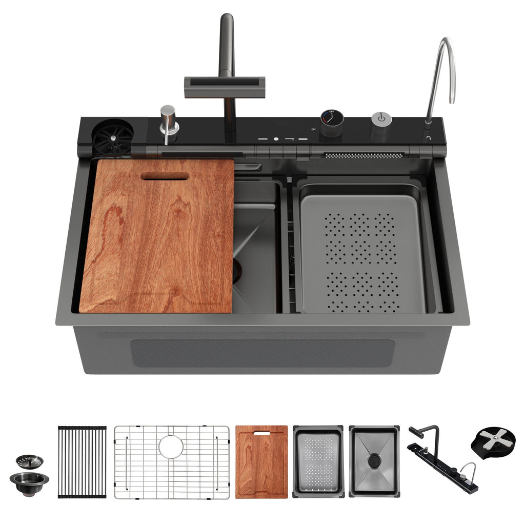 30" Single Bowl Kitchen Sink with Smart LED Faucet - Black or Gray