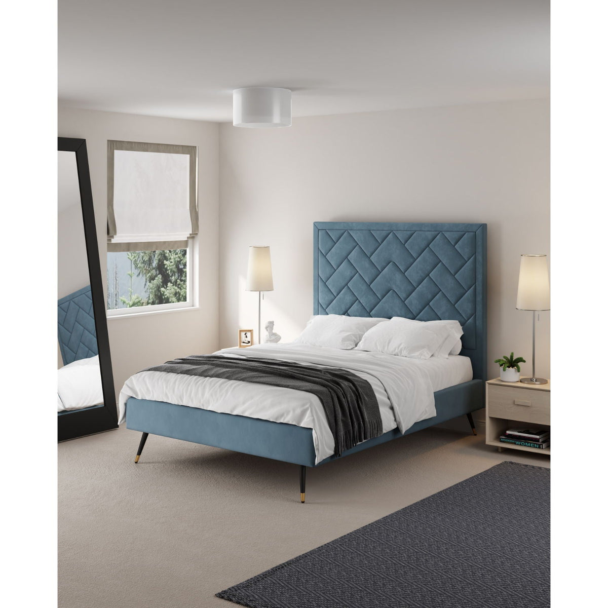 Upholstered Bed with Headboard and Slats - Multiple Colors