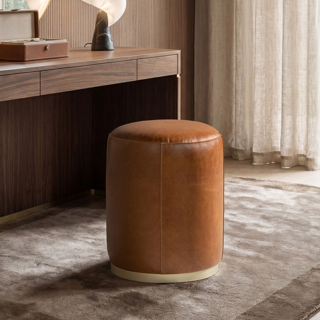 Brown Leather Round Ottoman Stool with Brass Base