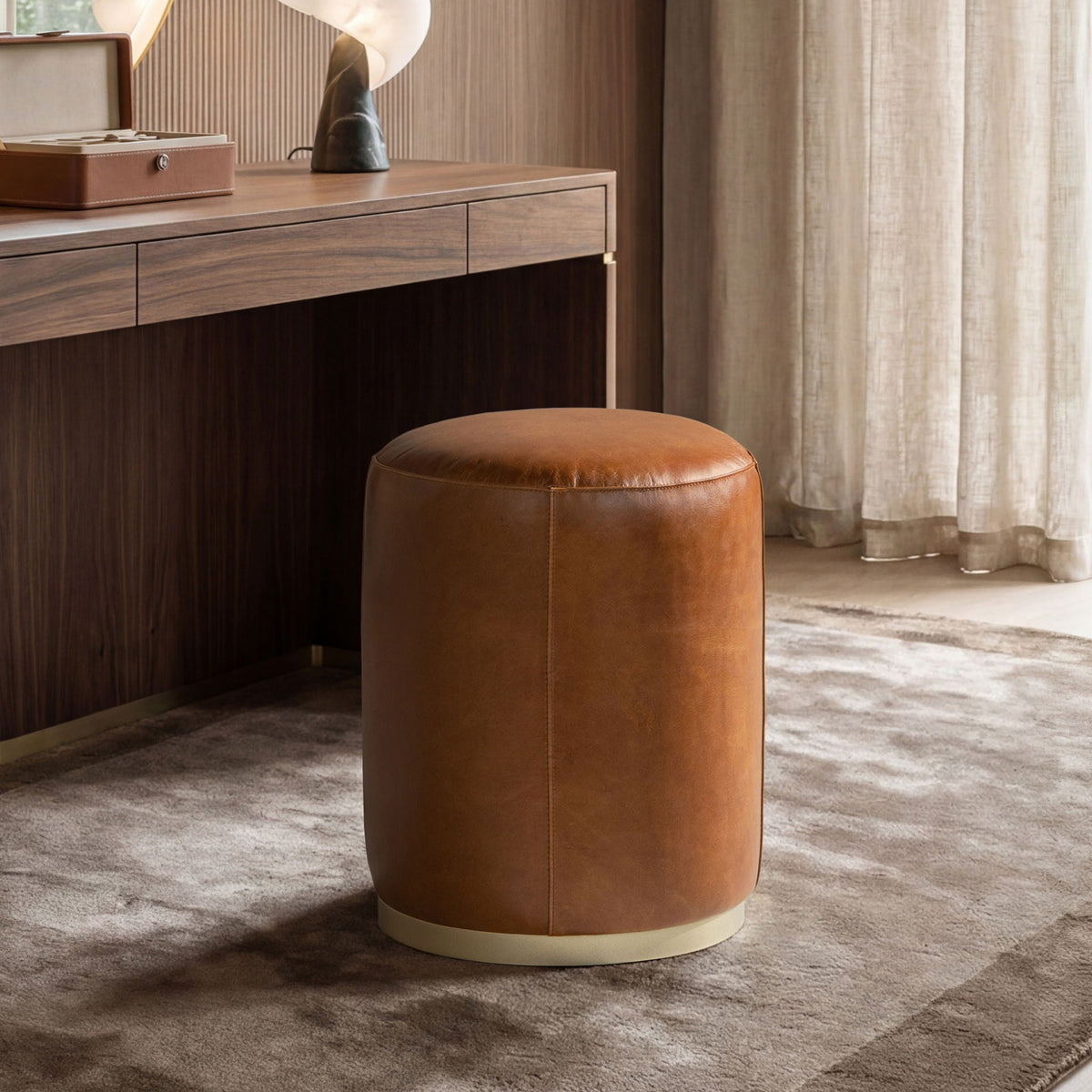 Brown Leather Round Ottoman Stool with Brass Base