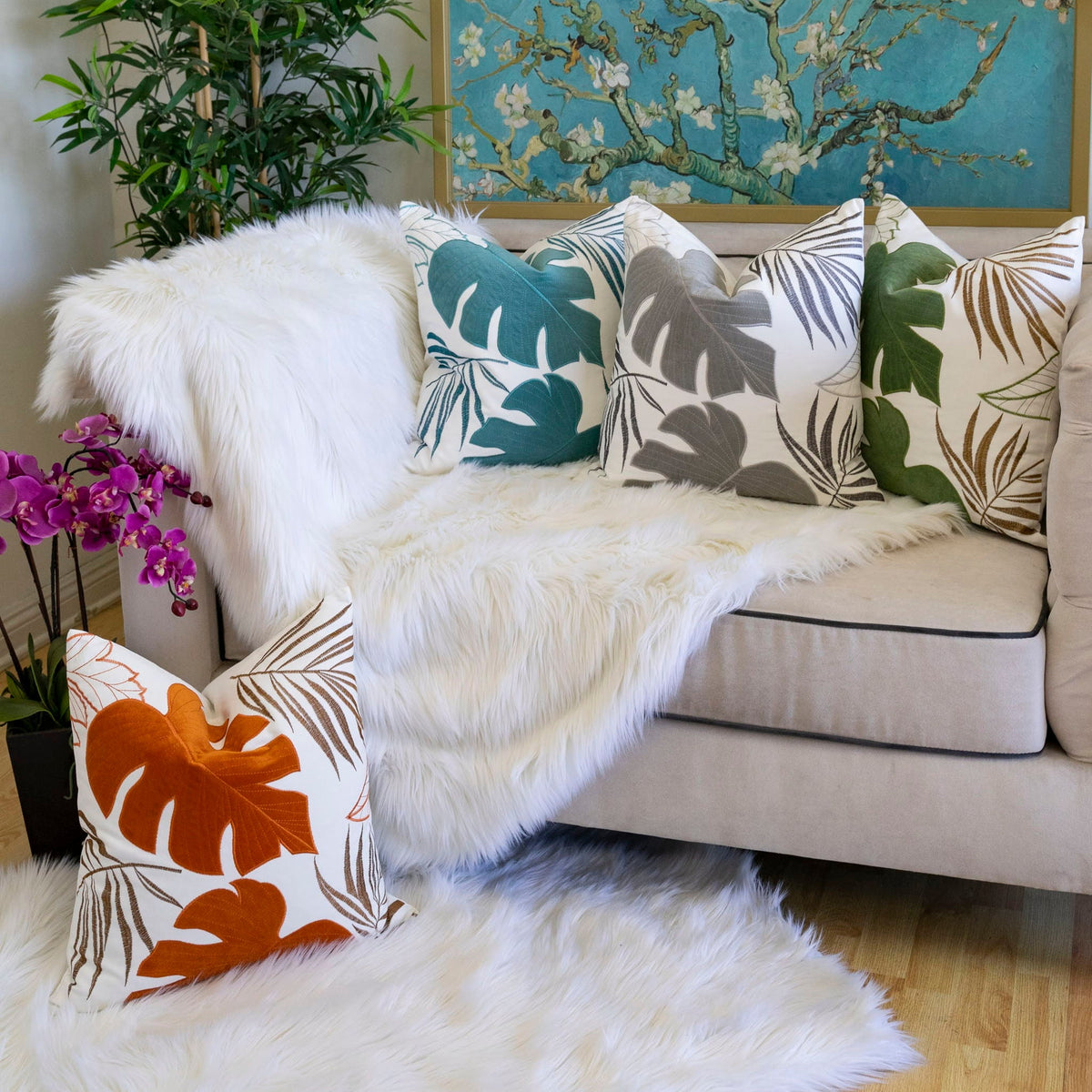 Autumn Vibes Leaf Accent Pillow with Soft Texture - Green, Dark Gray, Light Blue, Yellow, Orange