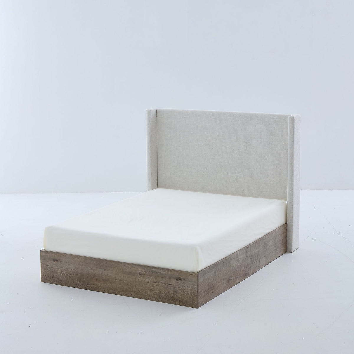 Queen Upholstered Wingback Bed with 54" High Headboard - Ivory / Light Gray / Camel Oak