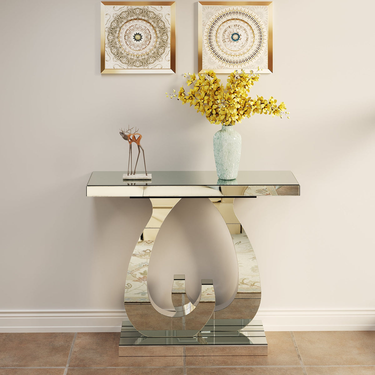 Modern Mirror Side Table with Double C-Shape Base - Silver Mirror