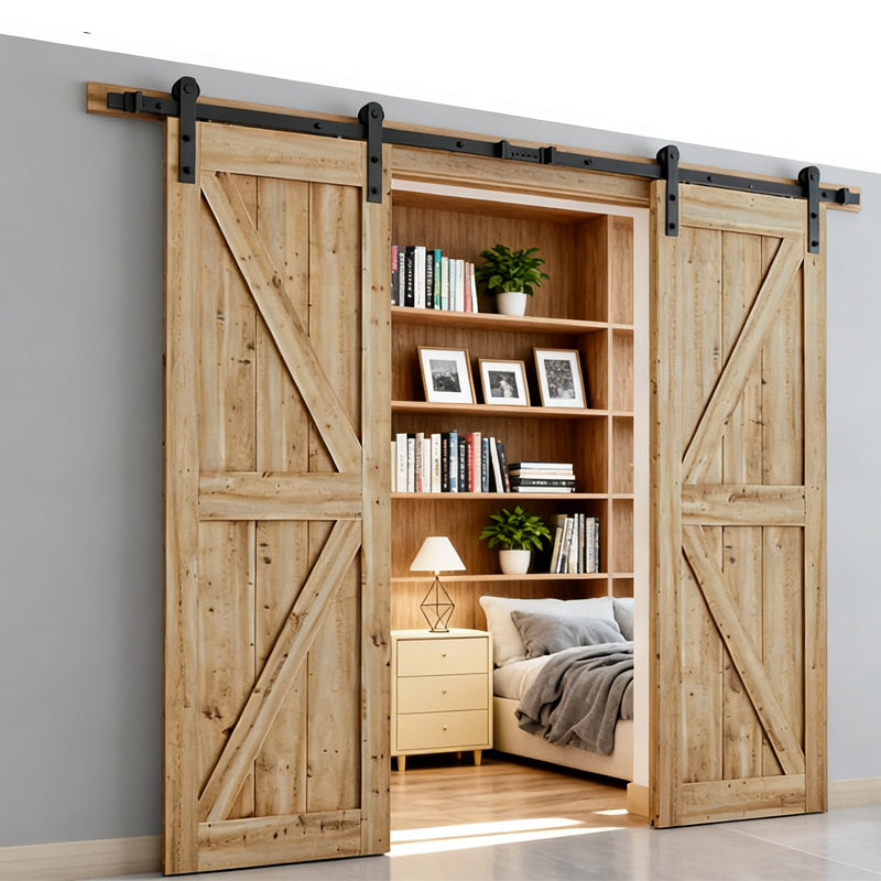 12FT Wood Double Sliding Barn Door Hardware with Smooth Steel Track - Black