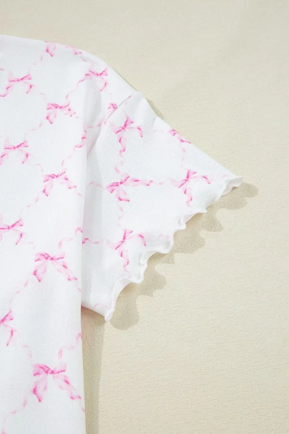 Bow Print Lettuce Trim Round Neck Top and Shorts Lounge Set