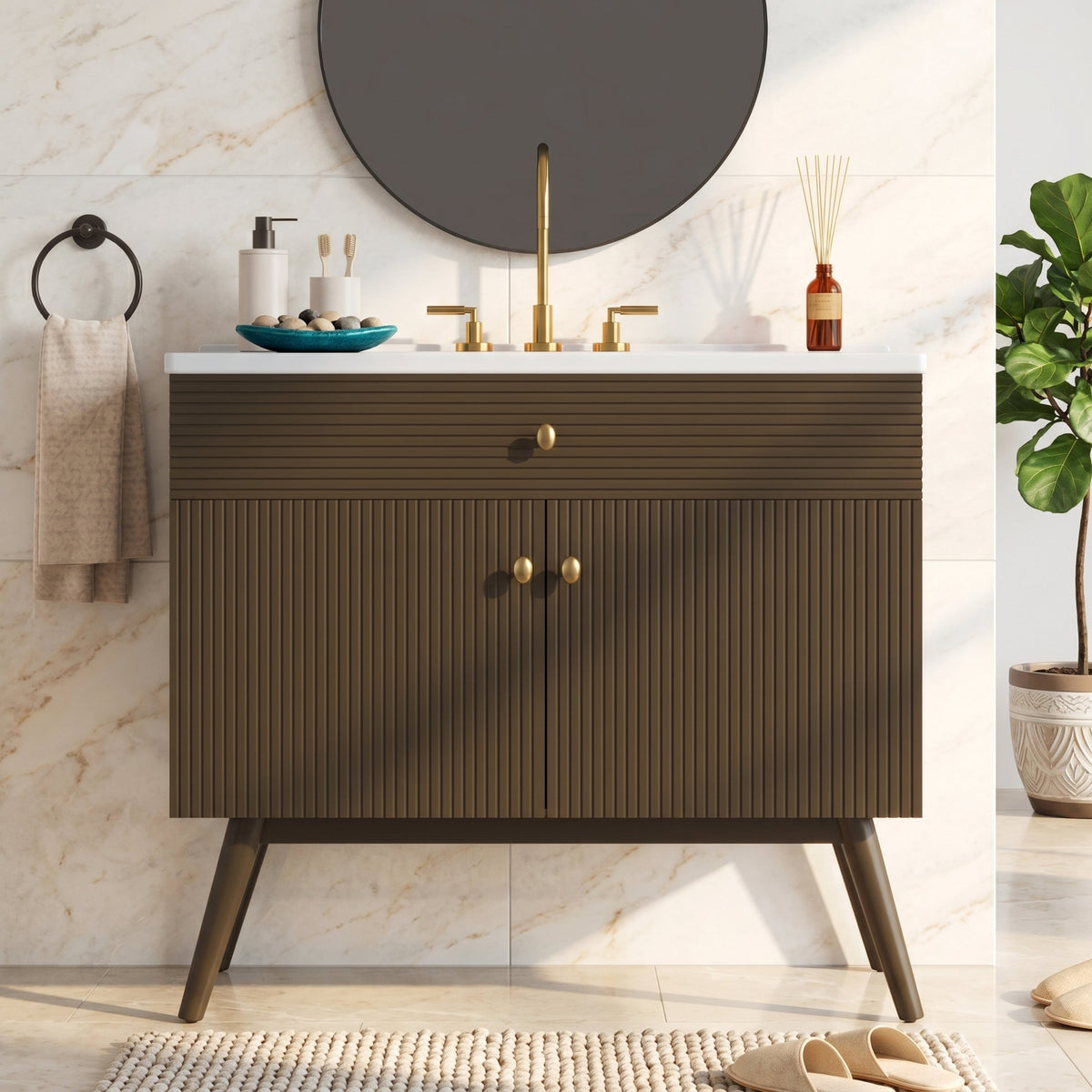 36" Luxury Striped Bathroom Vanity with Soft-Close Dual-Door Storage - Dark Brown