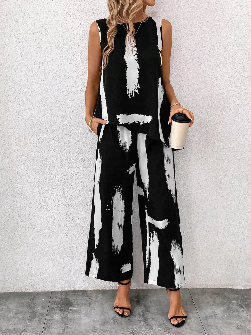 Abstract Print Sleeveless Top & Wide Leg Pants Set