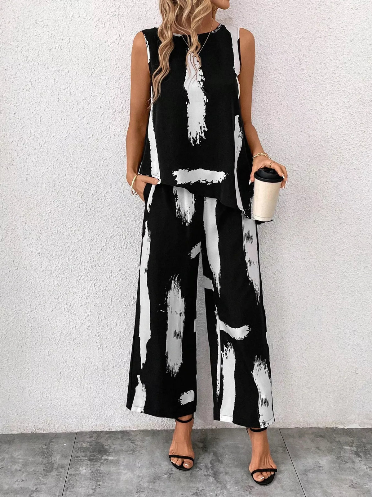 Abstract Print Sleeveless Top & Wide Leg Pants Set