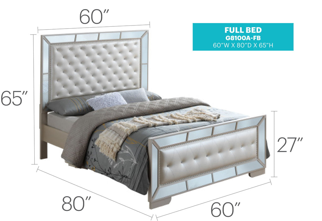 Contemporary Panel Bed with Mirrored Accents - Beige or Pearl Silver