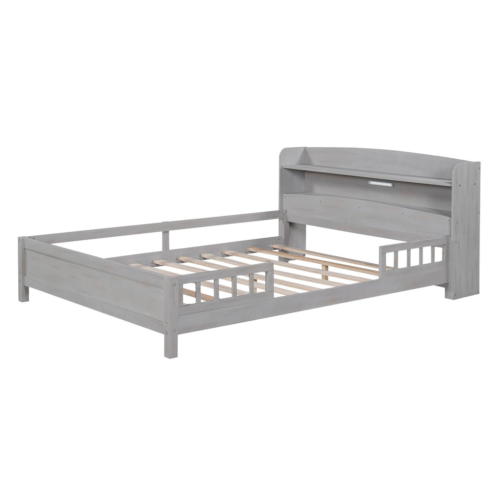 Wood Platform Storage Bed with LED Light & Storage Headboard - White or Dark Gray