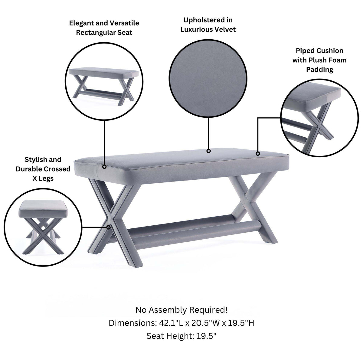 Accent Bench with Piped Cushion and Solid Wood Frame - Multiple Colors