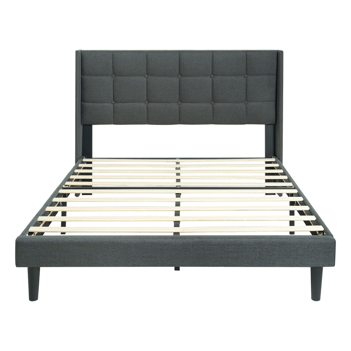Queen Size Upholstered Platform Bed Frame with Button Tufted Linen Headboard - Dark Gray