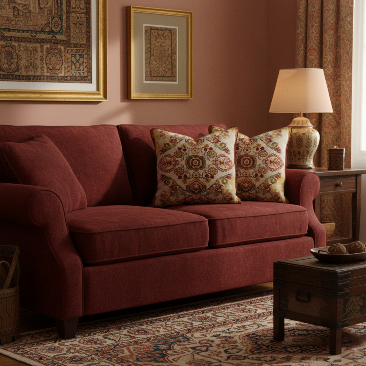 Tache Elegant Burgundy Ornate Paisley Woven Tapestry Throw Pillow Cover (18194)