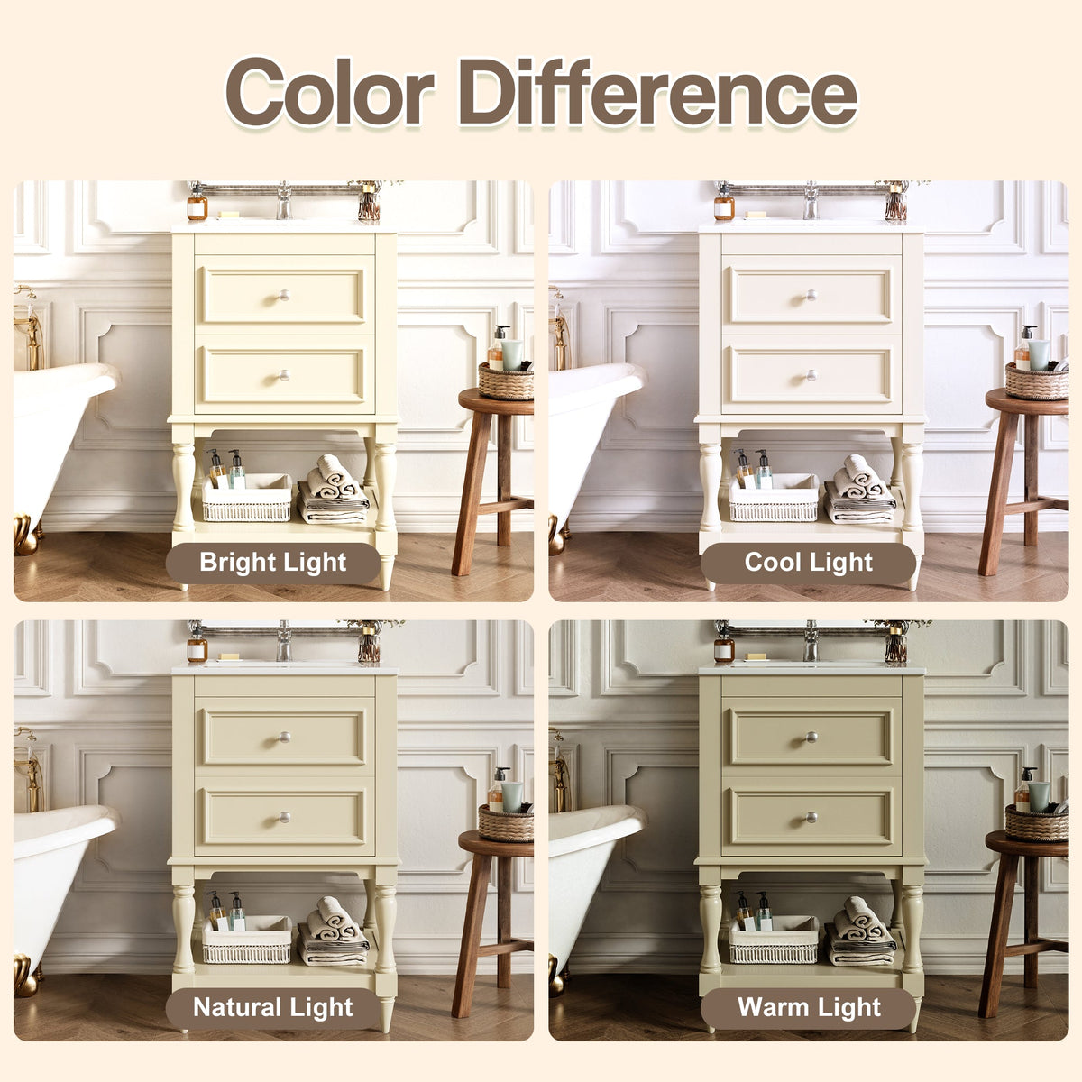 20" Bathroom Vanity with Ceramic Sink and Storage Cabinet – Beige, Black, White
