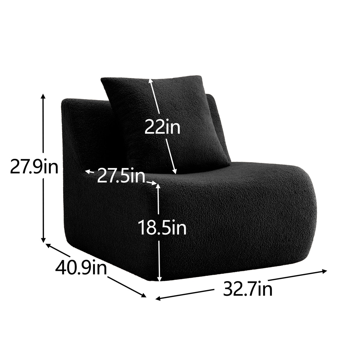 Armless Sofa With Pillow Teddy Fabric with Included Pillow - Black