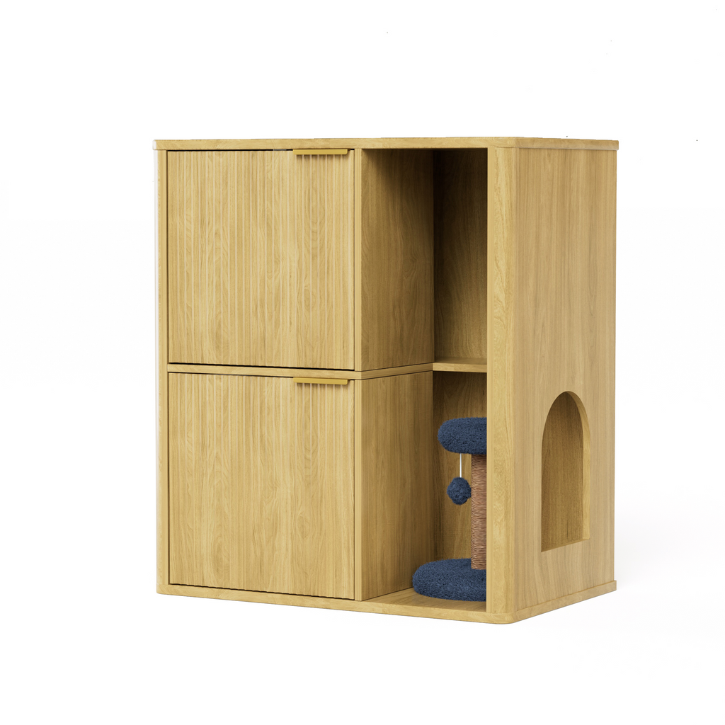 Light Wood Cat Litter Cabinet with Cat Tree