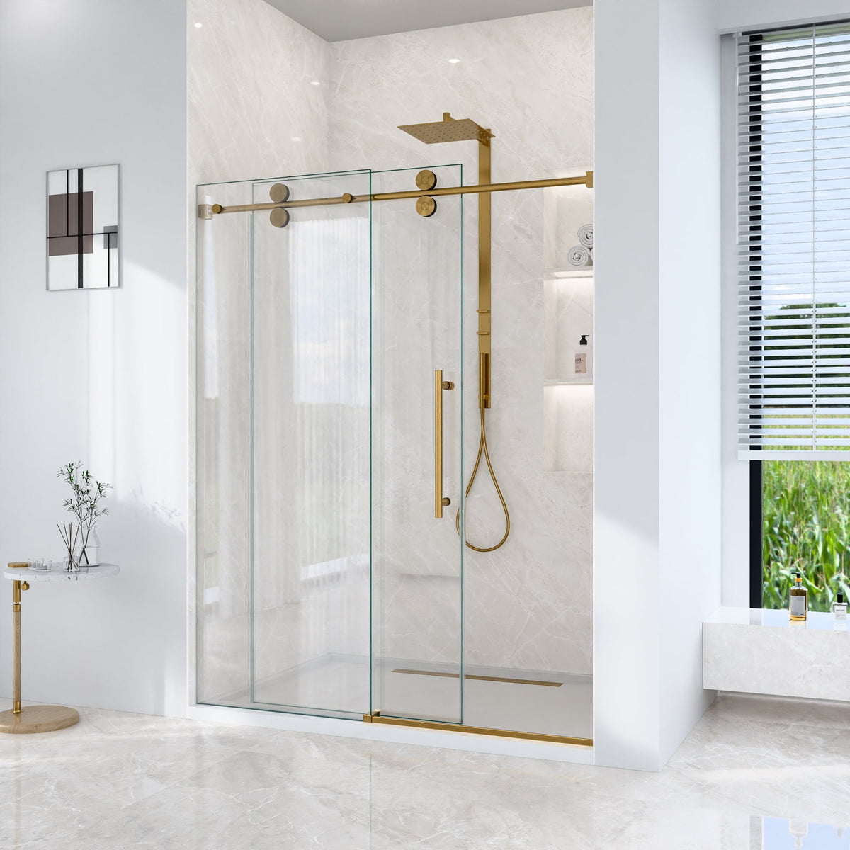 Frameless Sliding Shower Door with Quiet Rollers - Brushed Gold