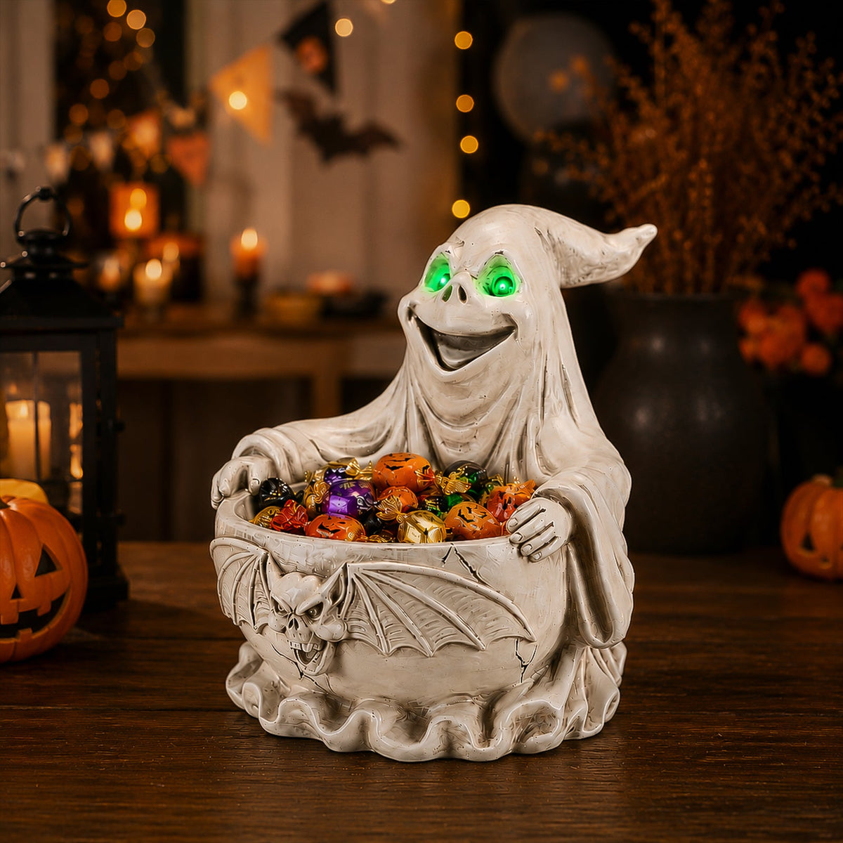 Halloween Ghost Storage Bowl Figurine with LED Light - White