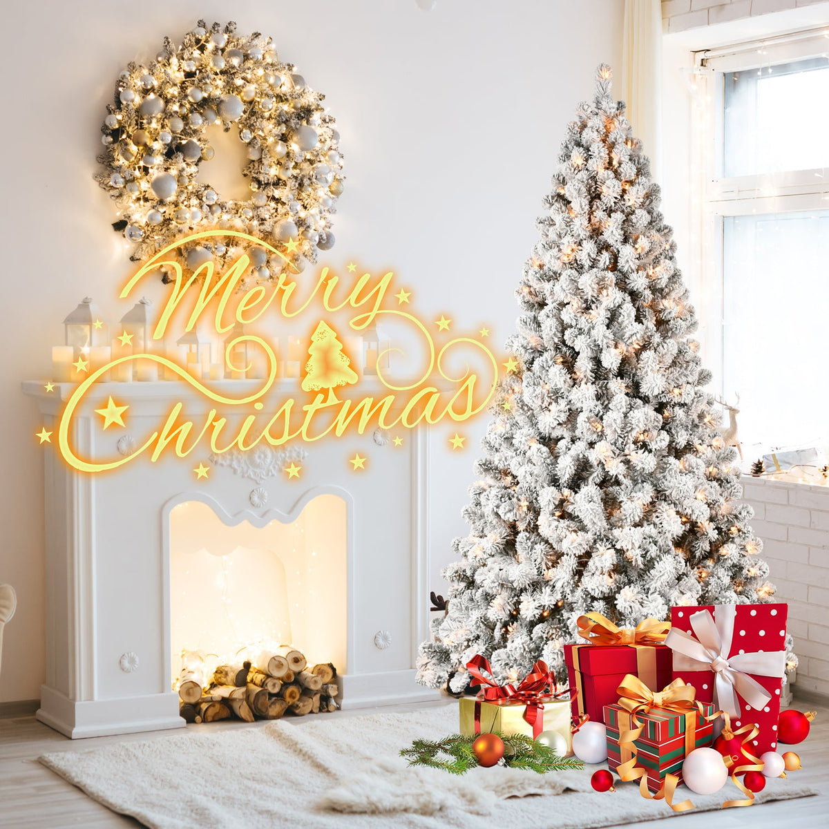 8ft Flocked Pre-Lit Christmas Tree with 500 Warm Lights - PVC