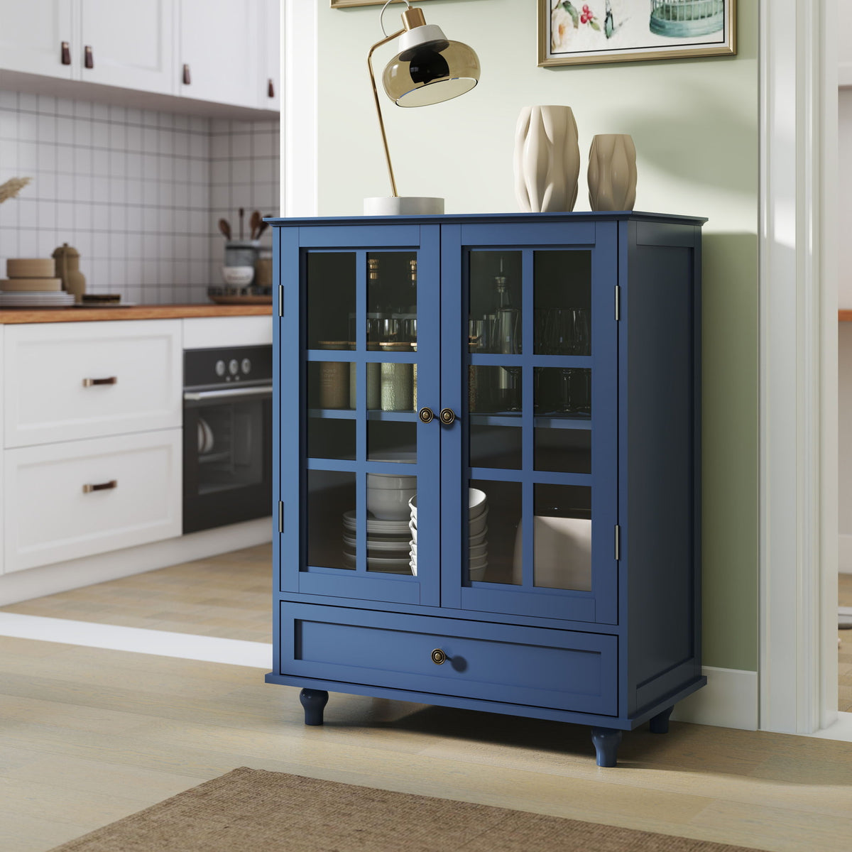 Minimalist Buffet Cabinet with Double Glass Doors and Drawer - White, Green, Black, Blue