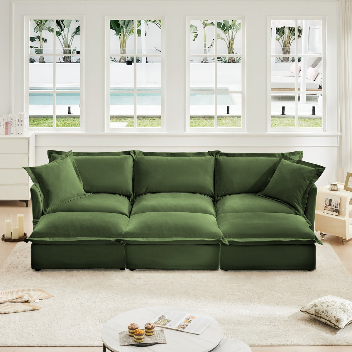 Chenille 3-Seat Slipcovered Sofa with Ottomans - Oversized Comfort