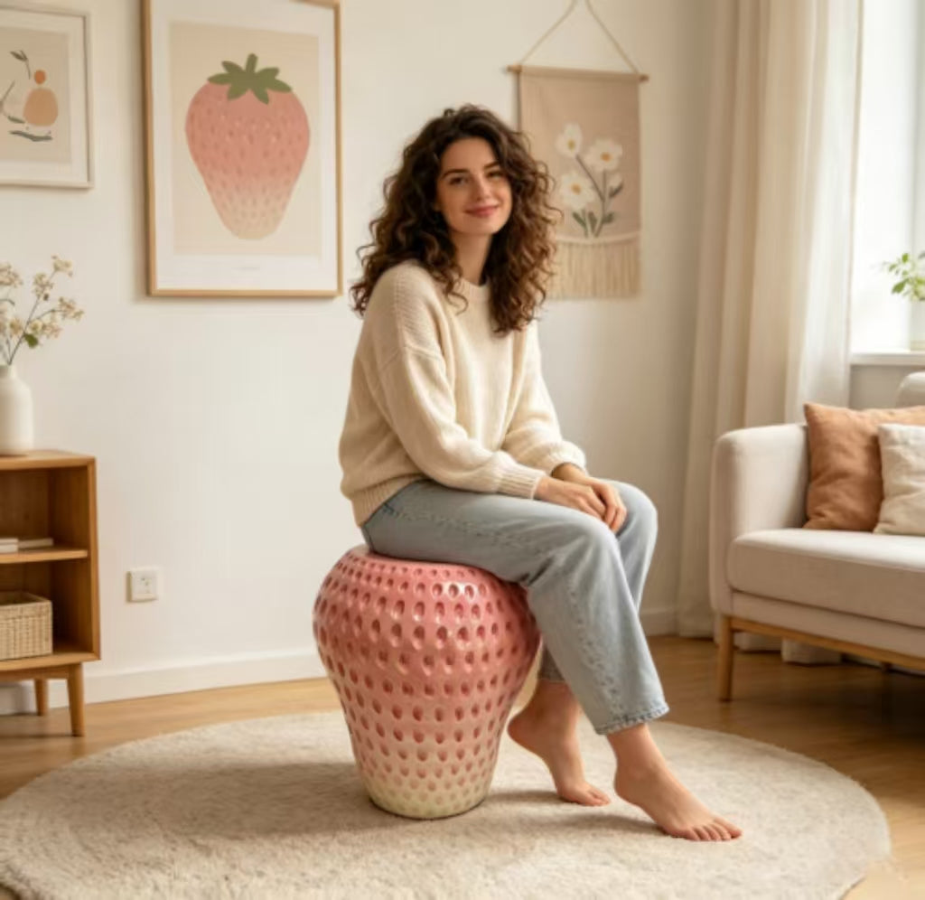Strawberry Fruit Stool with Durable Resin Construction - Pink or Red