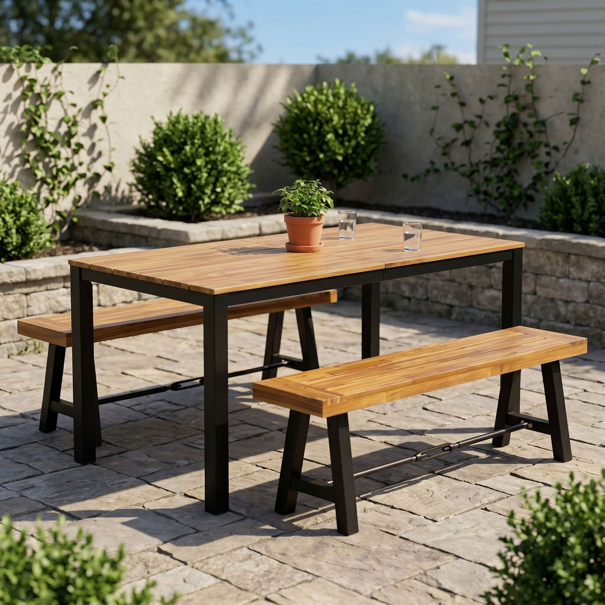 Outdoor Acacia Wood Dining Set with 71" Table & 2 Benches - Black/Teak