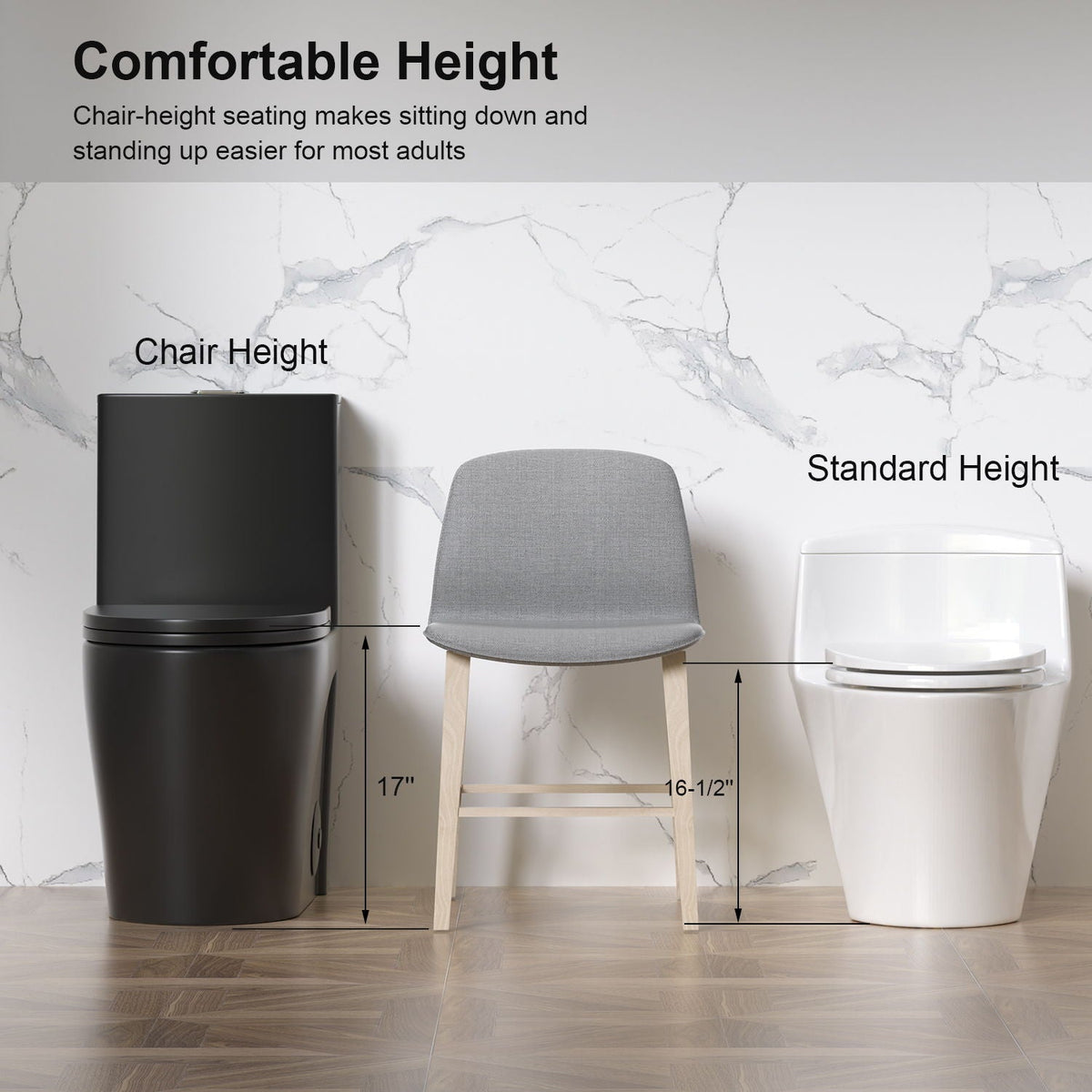 1 Piece Toilet with Tornado Flush and Dual Flush - ADA Height Chair - Gray, Pink, or Black