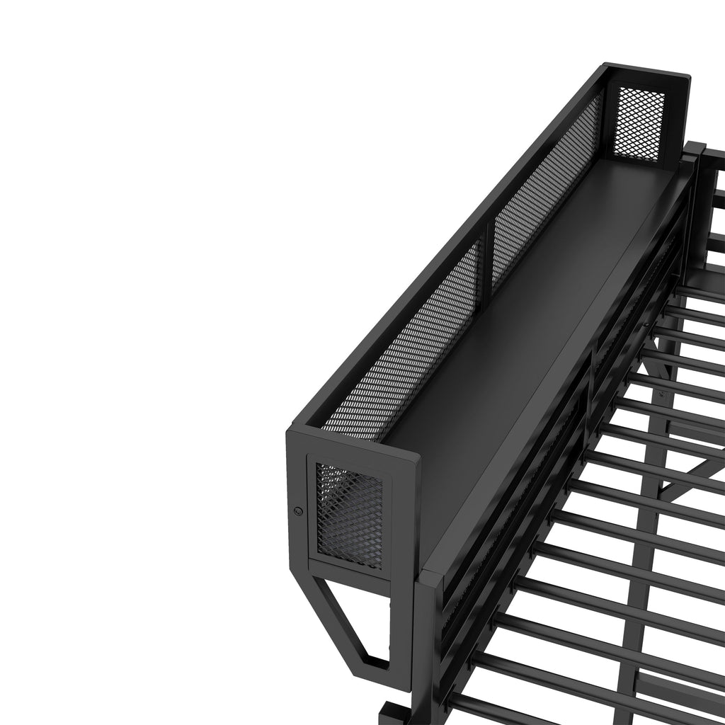 Full Size Loft Bed with Ladder and Storage Shelves - Black Metal