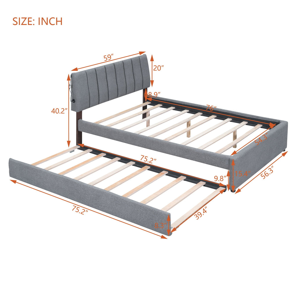 Upholstered Platform Bed With Trundle and LED Lights - Full or Queen