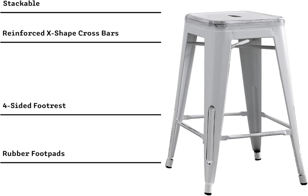 Backless Industrial Metal Bar Stools with Reinforced Design - Distressed White
