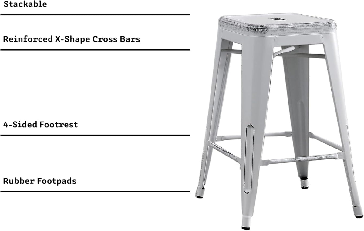 Backless Industrial Metal Bar Stools with Reinforced Design - Distressed White