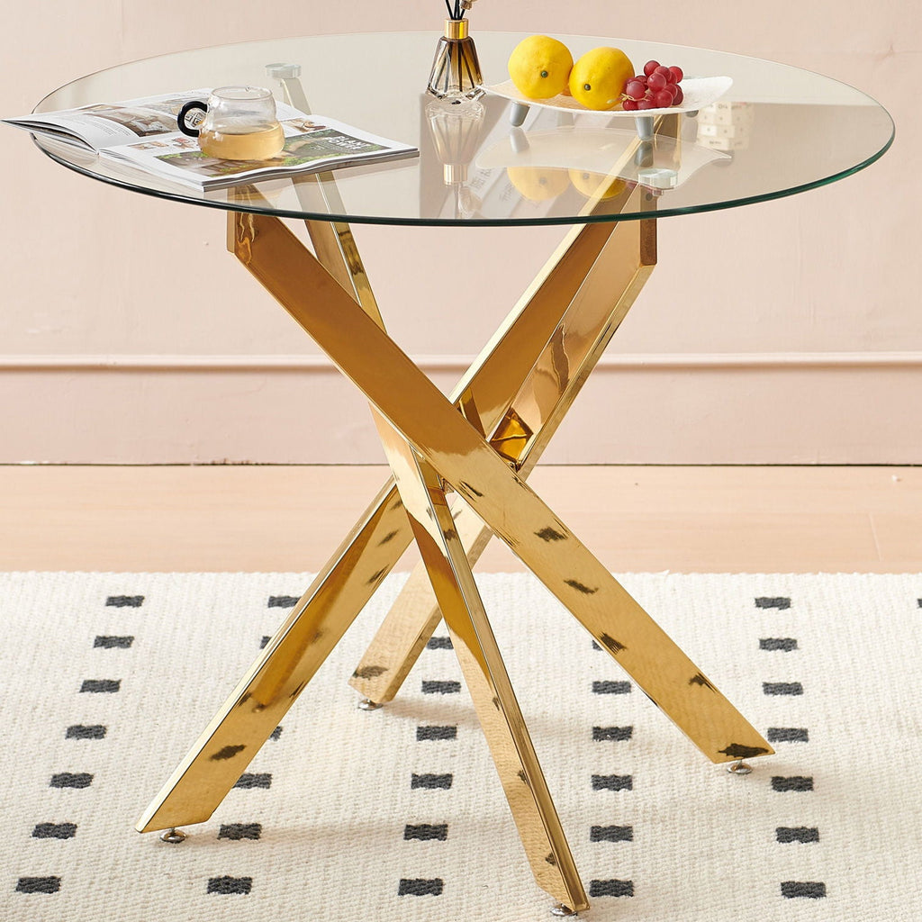 Dining Table With Cross Metal Leg And Tempered Glass