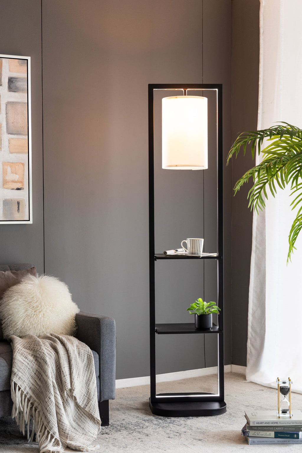 Two Tiered Vertical Shelving Stand with Light - Iron, Modern Design