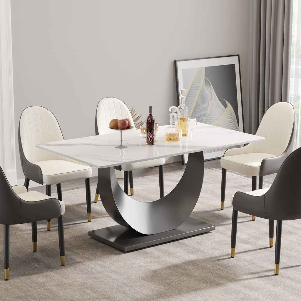 Modern Artificial Stone Dining Table with Crescent-Shaped Metal Legs - White