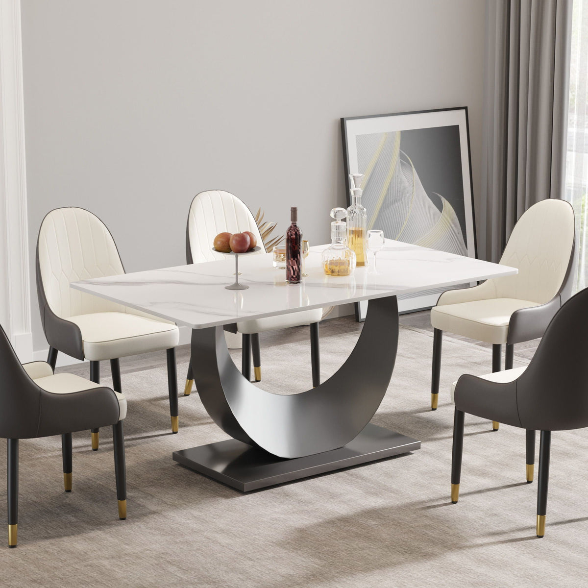 Modern Artificial Stone Dining Table with Crescent-Shaped Metal Legs - White