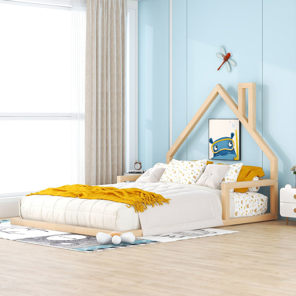 Elegant Floor Bed With House Shaped Headboard - Full Size Solid Wood