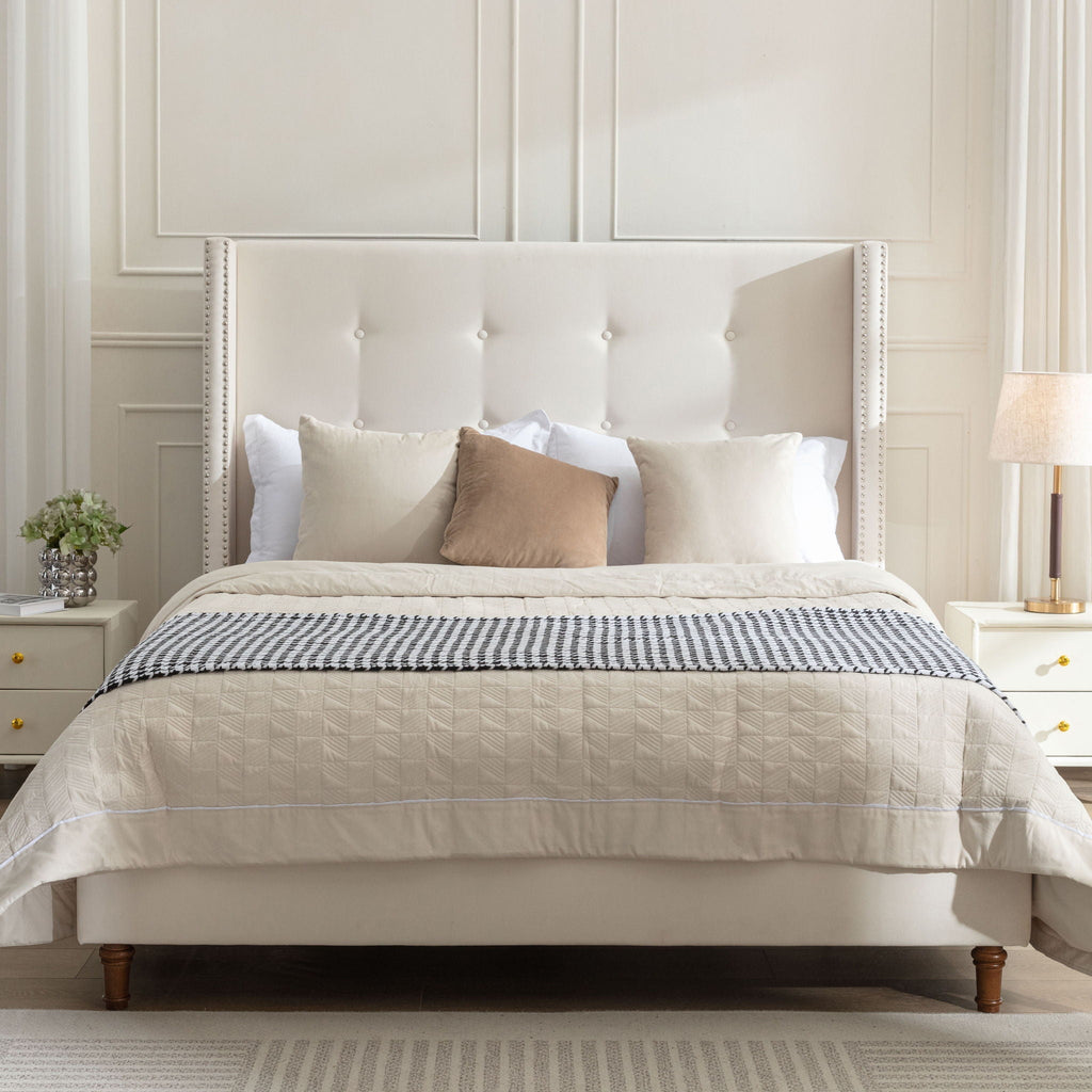 Upholstered Bed with 54" High Headboard and Hand Buttoned Tufting - White or Blue
