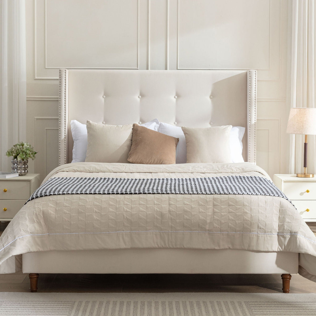 Upholstered Bed with 54" High Headboard and Hand Buttoned Tufting - White or Blue