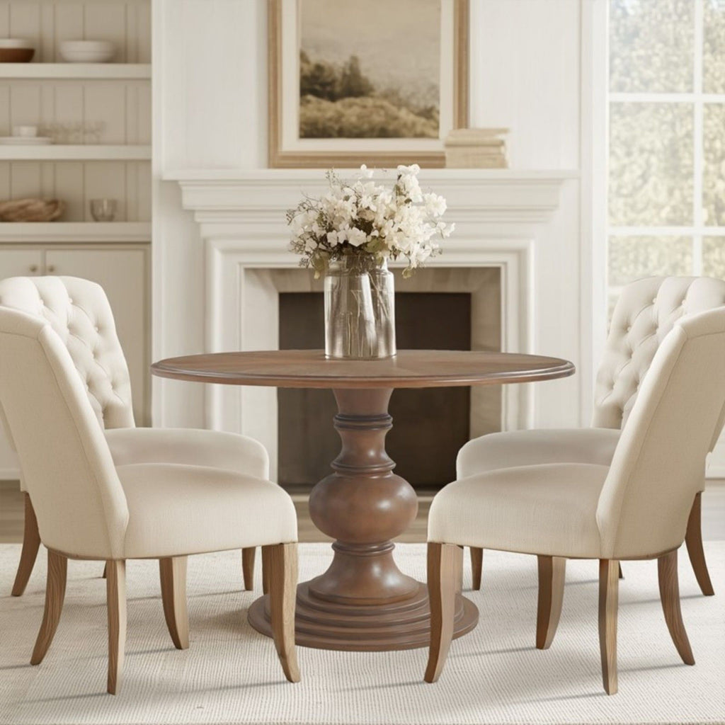 Walnut Round Pedestal Dining Table with Diamond Veneer Top